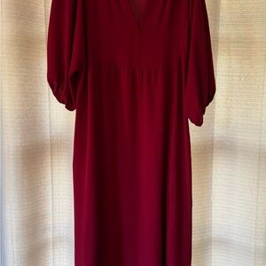 connected apparel Wine-Red V-Neck Midi Dress with Puff Sleeves